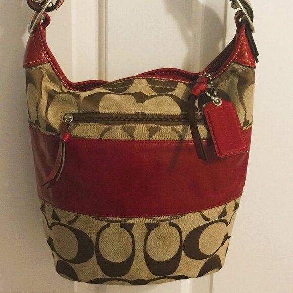 COACH RUGBY STRIPE BROWN SIGNATURE JACQUARD AND RED LEATHER BUCKET BAG - Picture 1 of 4